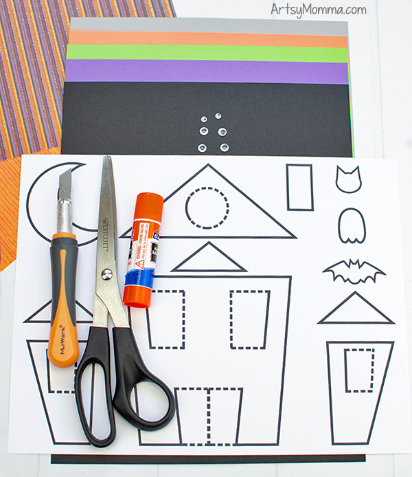 Craft Supplies: Construction Paper, Scissors, Gluestick, Haunted House Printable