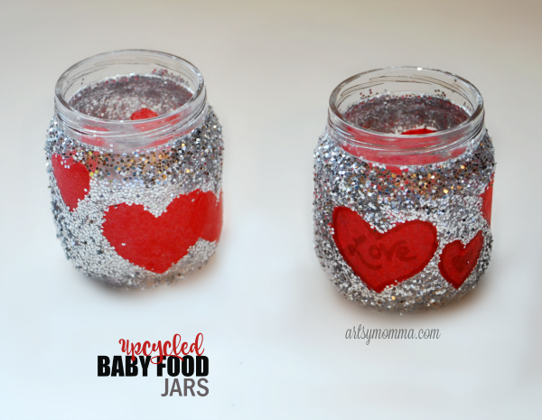 Glittery Upcycled Baby Food Jar Candle Holders for Valentine’s Day!