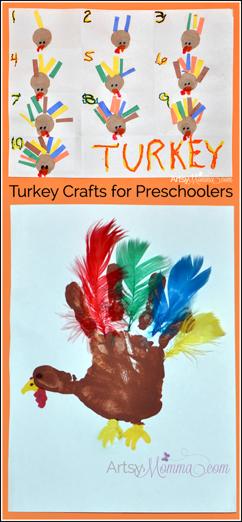 Turkey Crafts for Preschoolers: incorporates fine motor, cutting, gluing, counting, & tracing