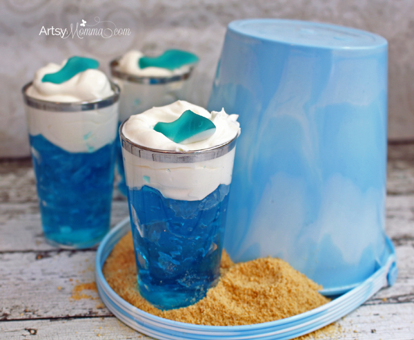 Blue Jello Snack with Shark Gummies and Crushed Graham Cracker Sand