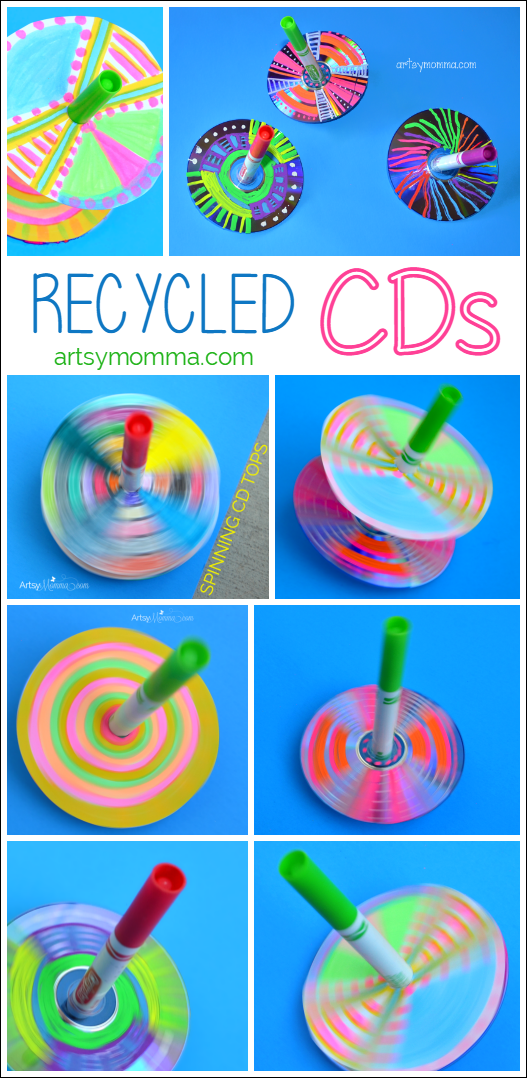 Recycled CDs Spinning Tops Craft - Handmade Kids Toys