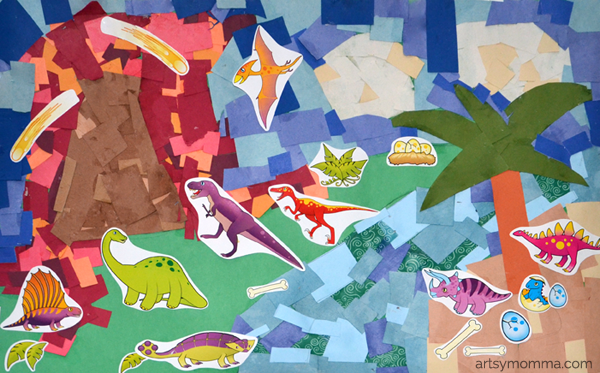 Scrap Paper Collage Art with Dinosaur Stickers