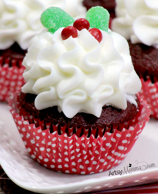 Red Velvet Chirstmas Cupcake with Peppermint Frosting & Holly Decorations