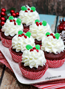 Red Velvet Christmas Holly Cupcakes with Peppermint Frosting (Recipe)
