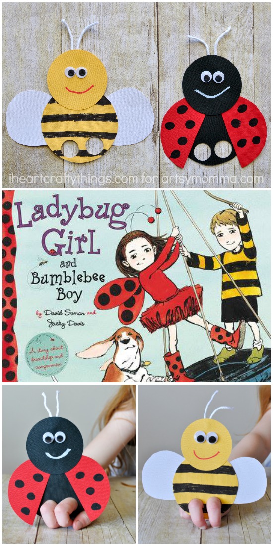 Bee & Ladybug Finger Puppet Craft to go along with the book, Ladybug Girl and Bumblebee Boy