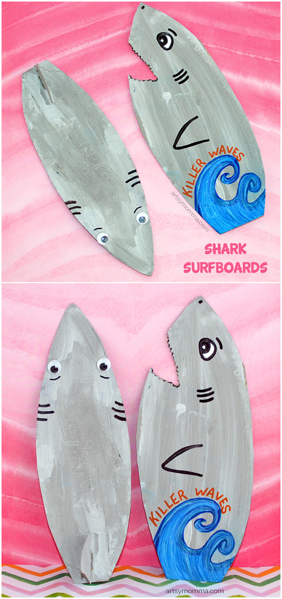 Mini Cardboard Surfboards decorated like sharks
