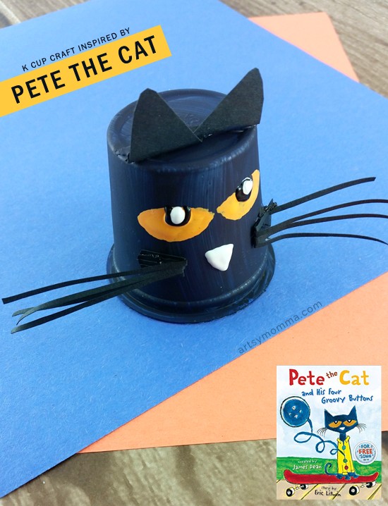 Read Pete the Cat and His Four Groovy Buttons & then make a Recycled K Cup Pete the Cat Craft!