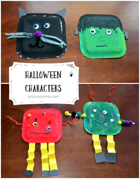 Black Cat, Frankenstein, and Monsters made from Square Paper Plates