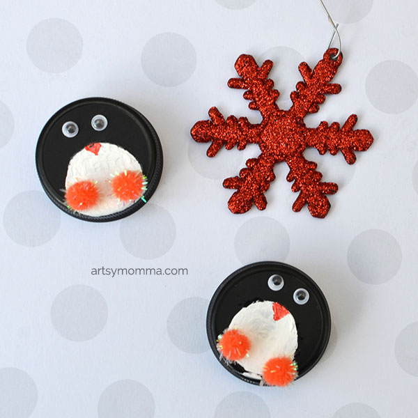 Recycled Bottle Cap Penguin Ornaments for Christmas with Kids