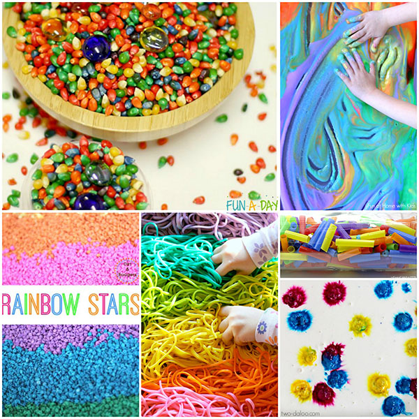 Rainbow Play Activities for Kids - Dyed Corn, Pasta, Oobleck