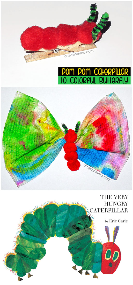 Pom pom caterpillar, colorful paper towel butterfly, The Very Hungry Caterpillar Book