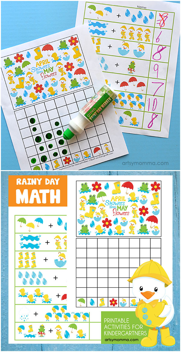 Rainy Day Addition and Graphing Printables for Kindergartners