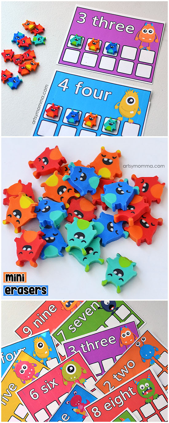 Printable Mini Eraser Monster Counting Cards for Preschoolers