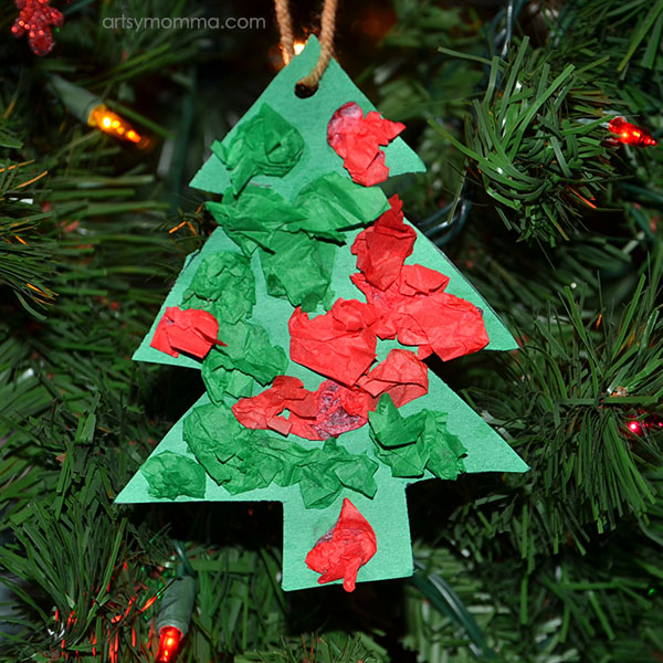 Easy Tissue Paper Christmas Tree Shaped Ornament Craft