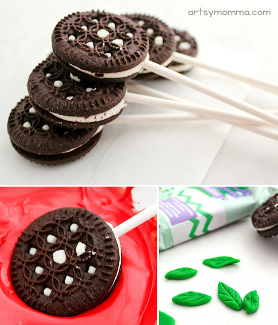Dip Oreos or Sandwich Cookies into melted red candy melts. make leaves from green fondant.