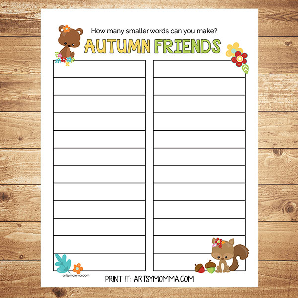 Fall Writing Activity: What Words Can Be Made From ‘Autumn Friends’