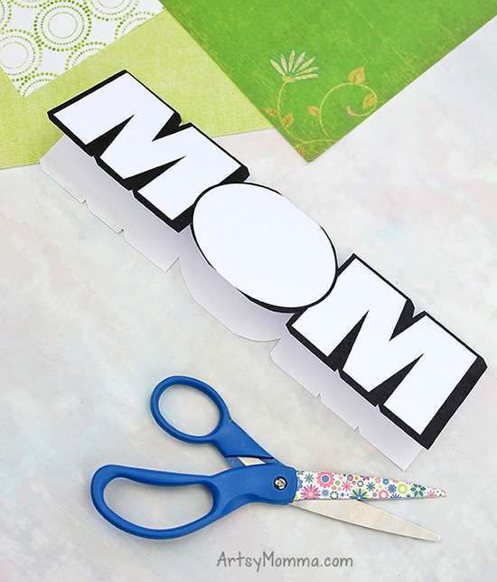 DIY Mother's Day Card printable with the word MOM to color in
