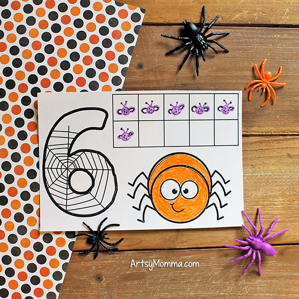 Printable Halloween Ten Frames - Count how many flies the spider ate