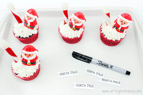 write labels for north pole Christmas cupcakes