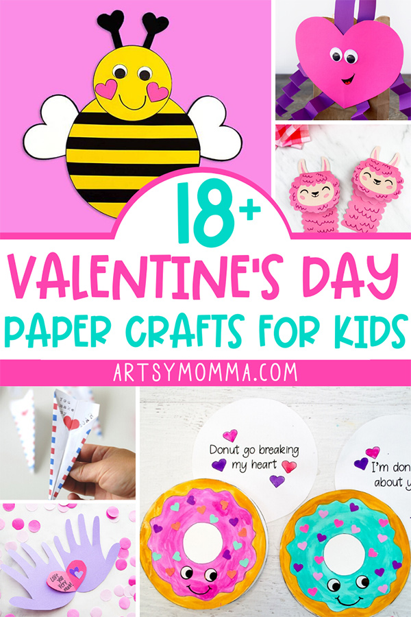 Collage of Paper Crafts for Valentine's Day: Bee, Heart Bag, Paper Airplane, Handprint Card, Donut Card