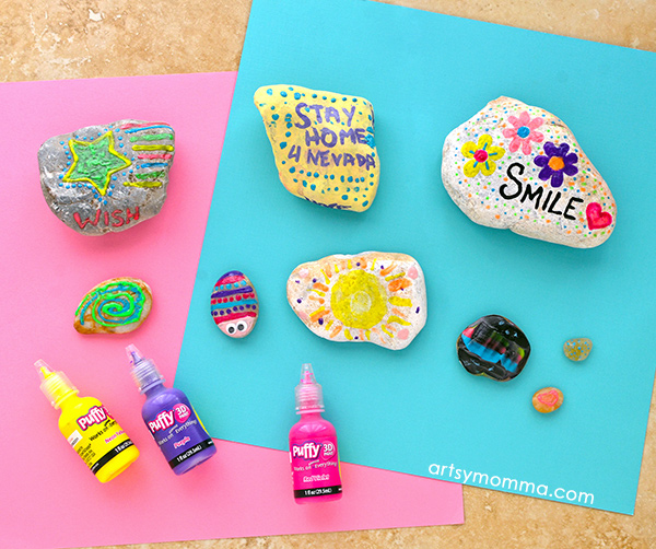 Rocks decorated with neon puffy paint