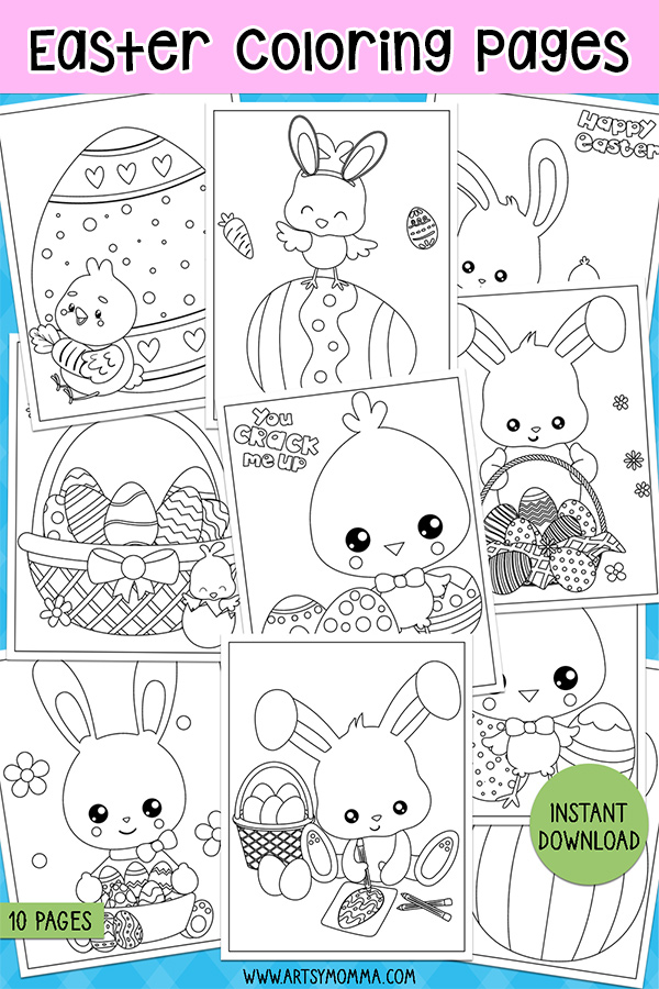 Cute Coloring Pages for Easter with baby chicks, bunnies, baskets, eggs & more.