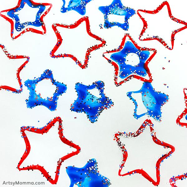 Star Art Project made with red and blue paint plus glitter