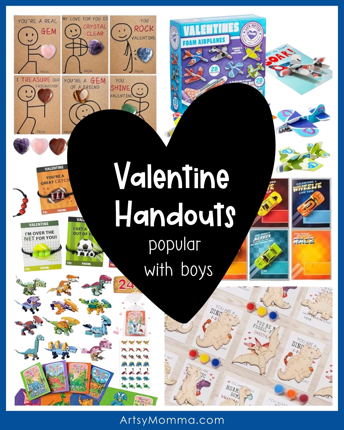 Valentine's Day handouts with boys themes, including cars, dinosaurs, airplanes, and sports