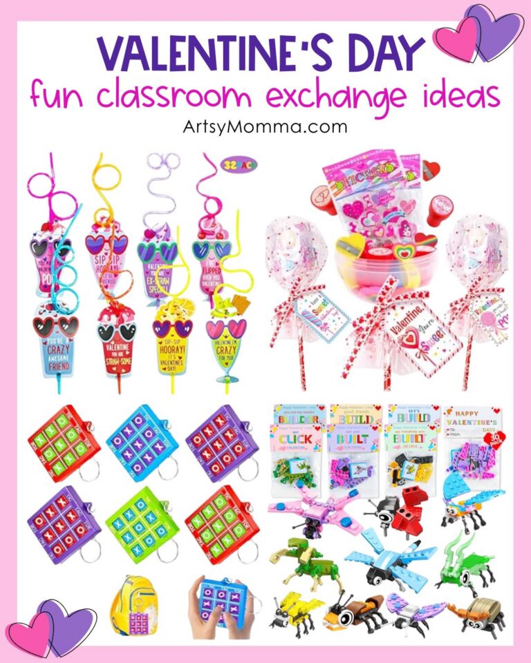 Valentine's Gift Handouts (clockwise): Crazy Straws, Lollipop Shaped Stationery Set, Tic Tac Toe XOXO mini game keychain, and Insect Build It Valentines