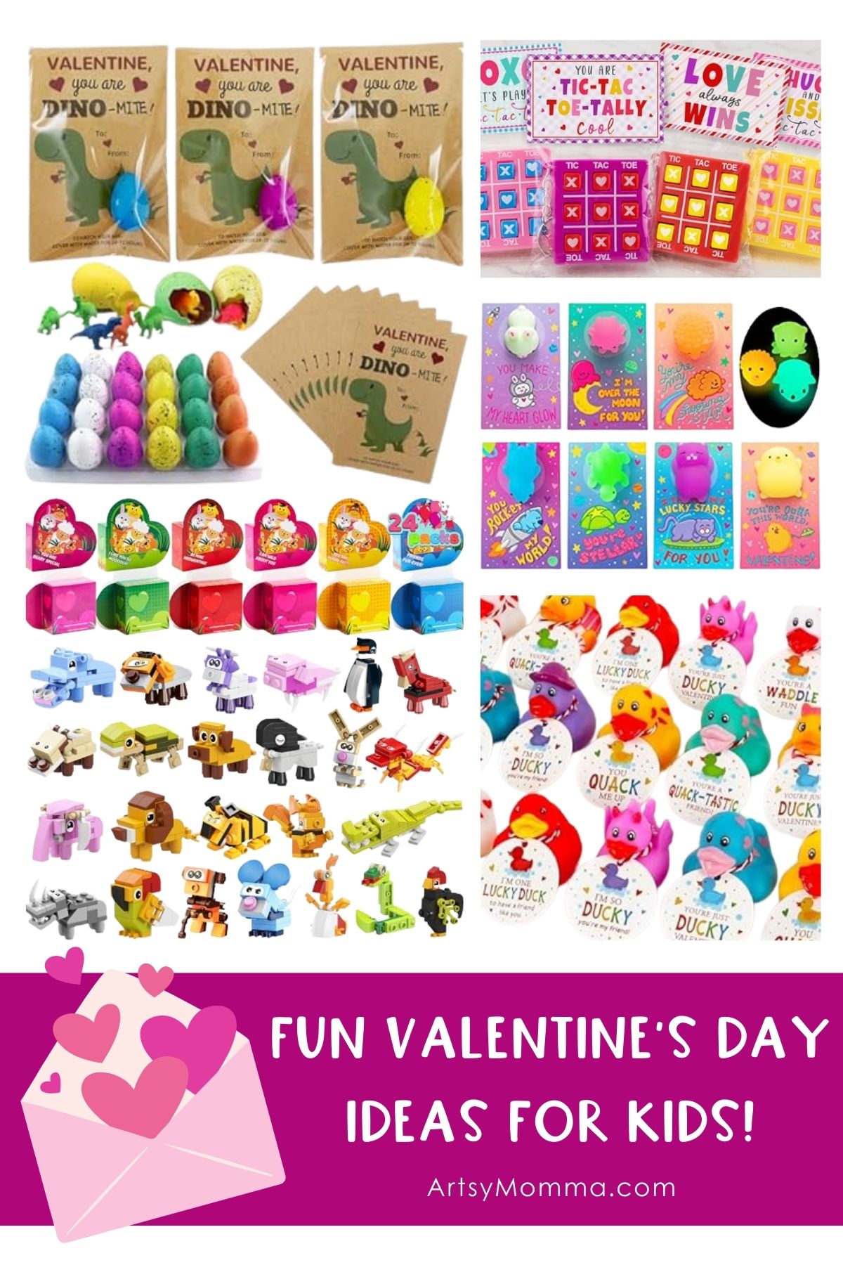 Small Toy Gifts for Valentine's Day - pictured" grow a dinosaur, Tic Tac Toe Keychains, axolotl fidget squishes, Animal Building Blocks with Hearts Party Favors, and Valentine's Day Gift Tags with Rubber Ducks
